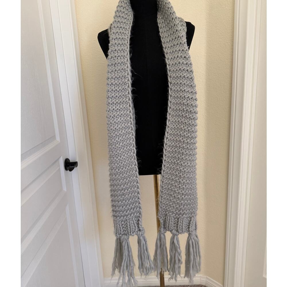 Gray Chunky Knit Oversized Winter Scarf with Long Fringed Tassels